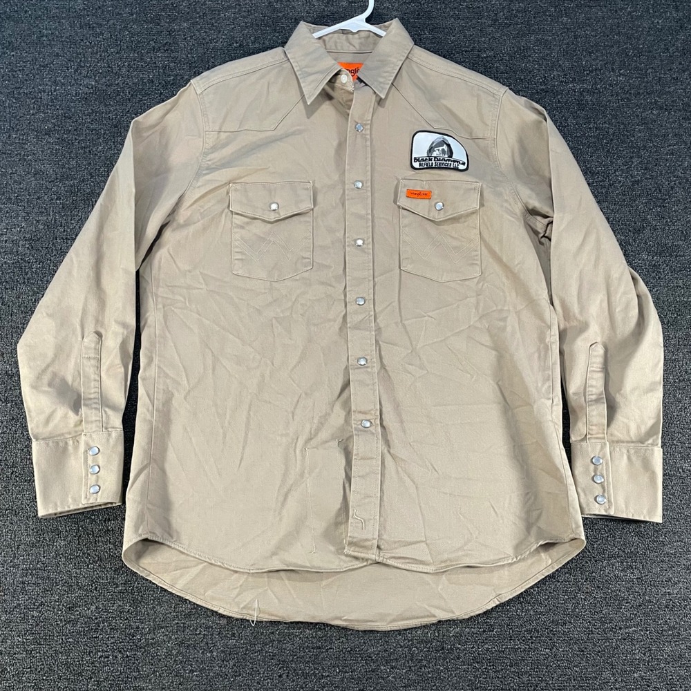 Wrangler FR Work Shirt Mens L Khaki Good Flame Resistant Oilfield Patch Snap